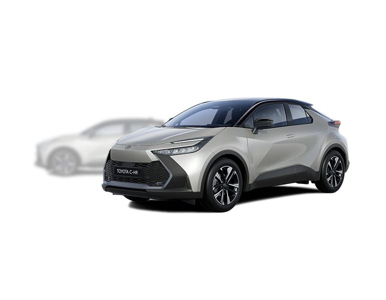 Weißer Toyota C-HR steht diagonal zur Kamera, im Hintergrund ist unscharf ein weißer Toyota C-HR zu erkennen