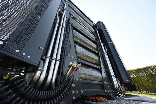 Fuel cell truck rear view with its hydrogen tanks