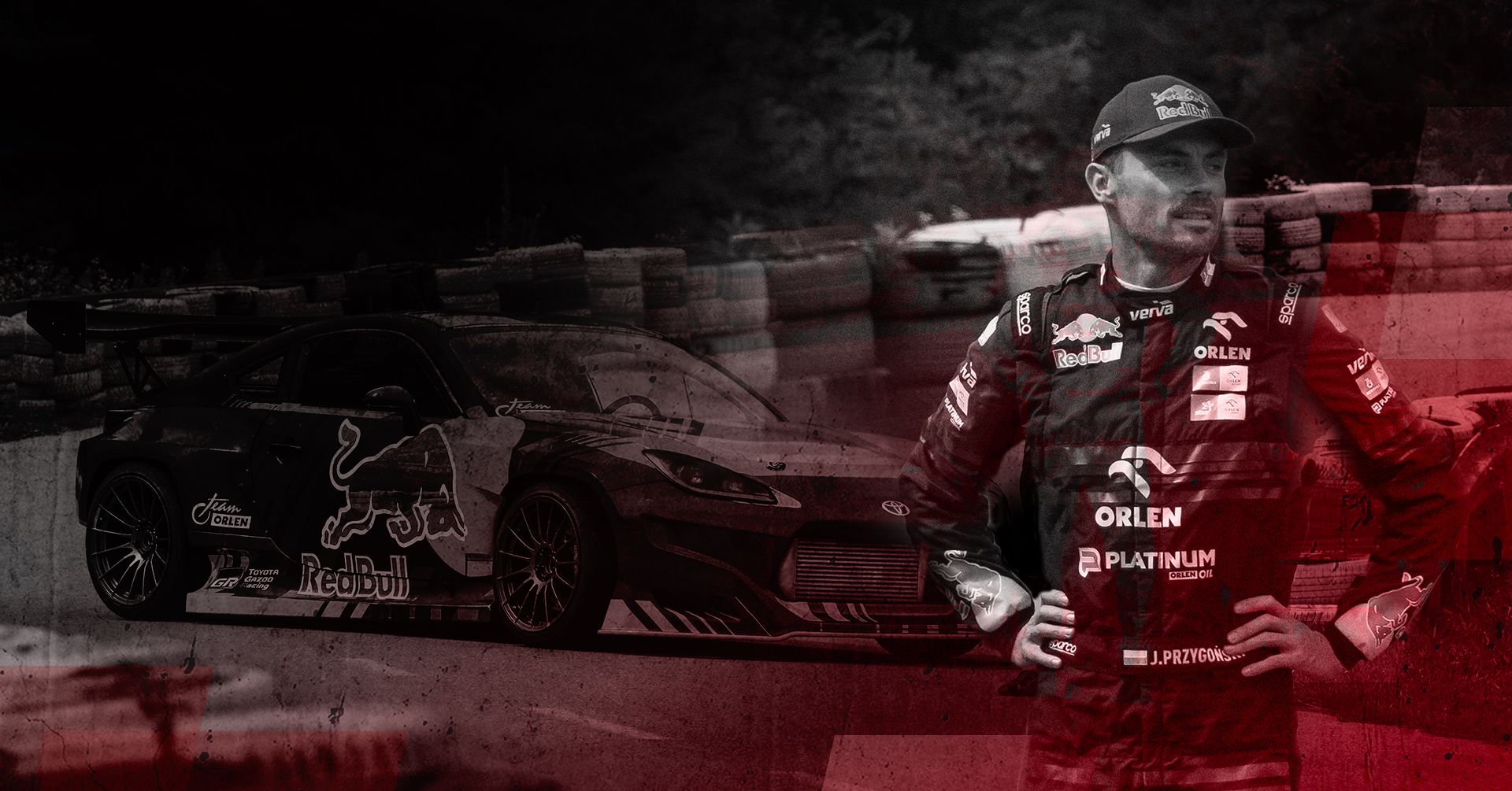 Montaż zdjęć Kuby Przygońskiego i Toyoty GR86 podczas rajdu w tle.