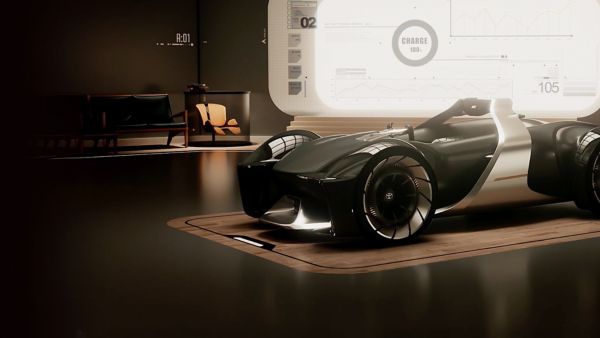 Futuristic black and silver sports car displayed in a sleek, modern environment with digital screens and furniture in the background.