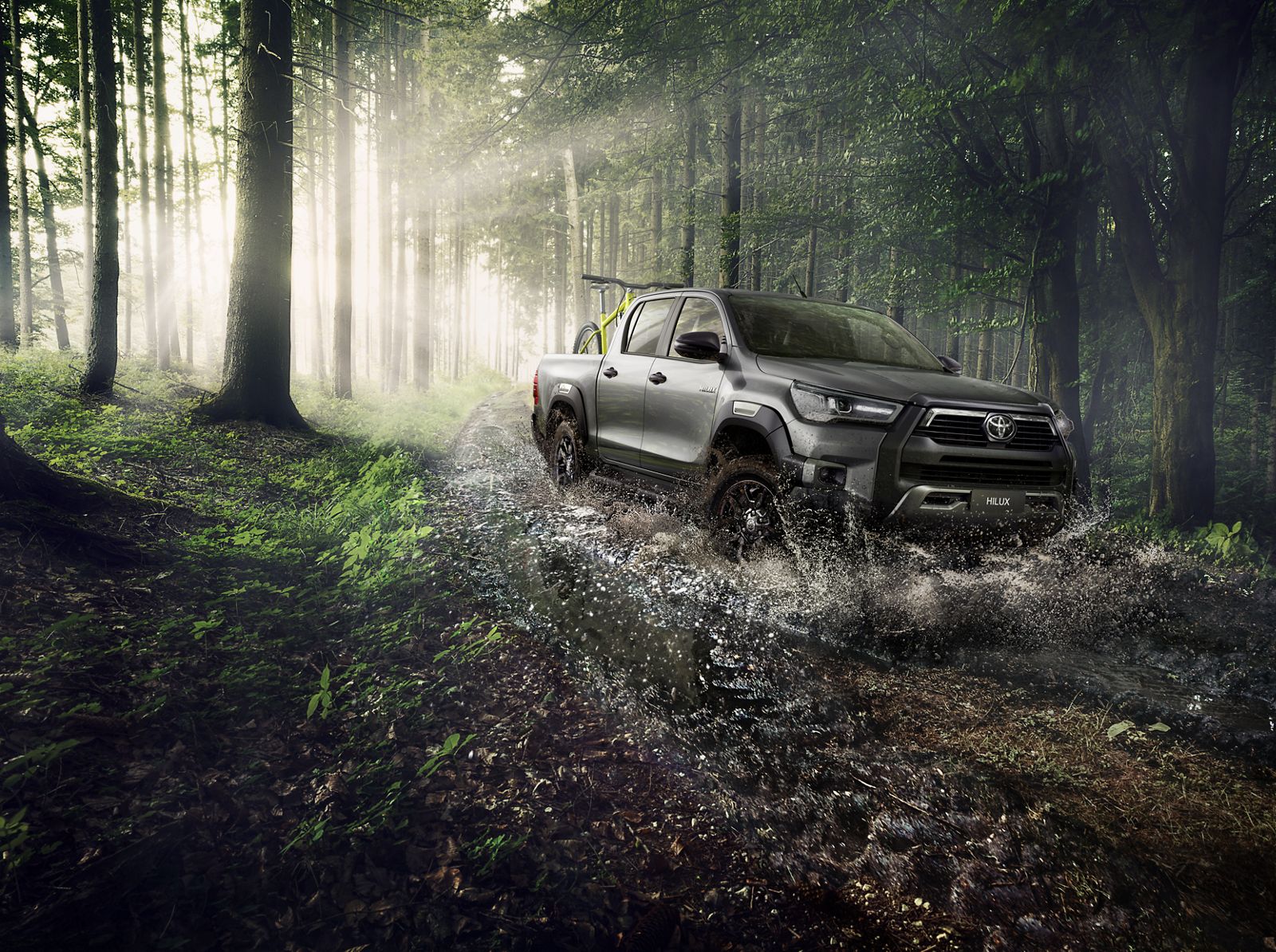 Hilux cruises a sunlit forest track