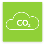 Ikona chmury z napisem „CO2” na zielonym tle.