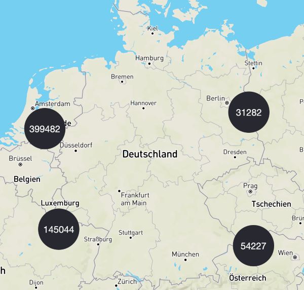 Kartenausschnitt von Deutschland, die mehrere Ladestationen anzeigt, die im Toyota Charging Network sind.