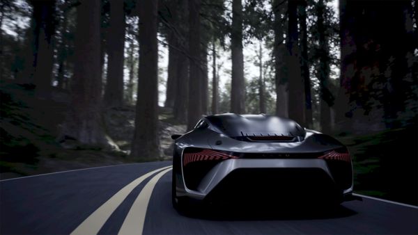 Rear view of the Lexus Electrified Sport Concept driving through a wooded area