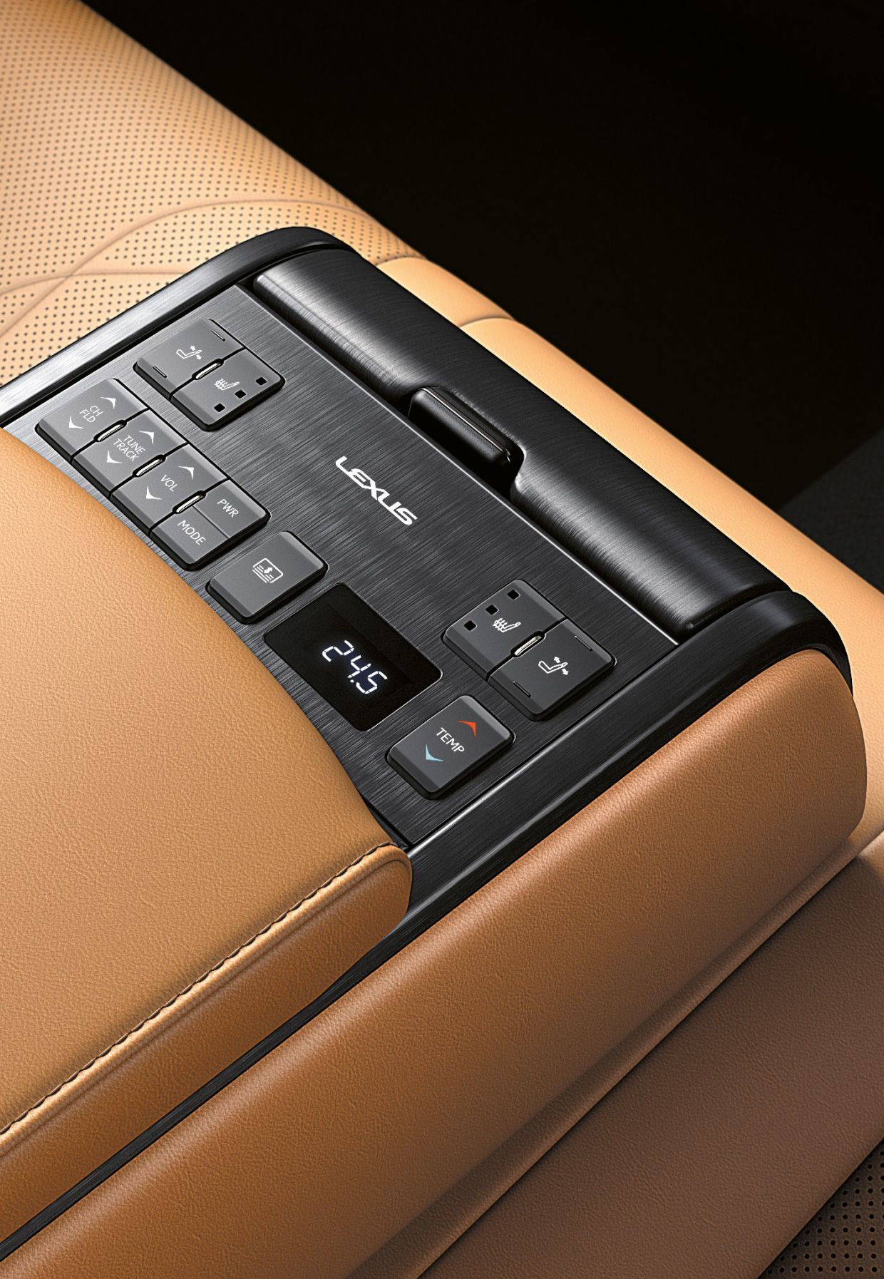Bedienfeld in der Mittelkonsole eines Lexus-Fahrzeugs mit Tasten für Temperatur, Lautstärke und Sitzeinstellung