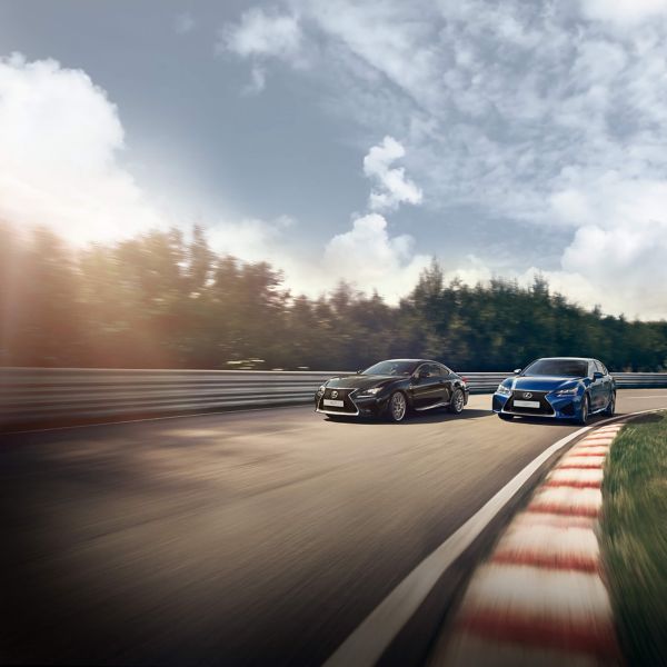 Lexus LC and LC Convertible parked in front of a racetrack 