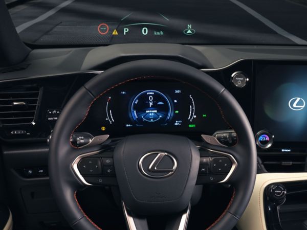 Detailaufnahme eines Lexus Lenkrads aus Fahrerperspektive