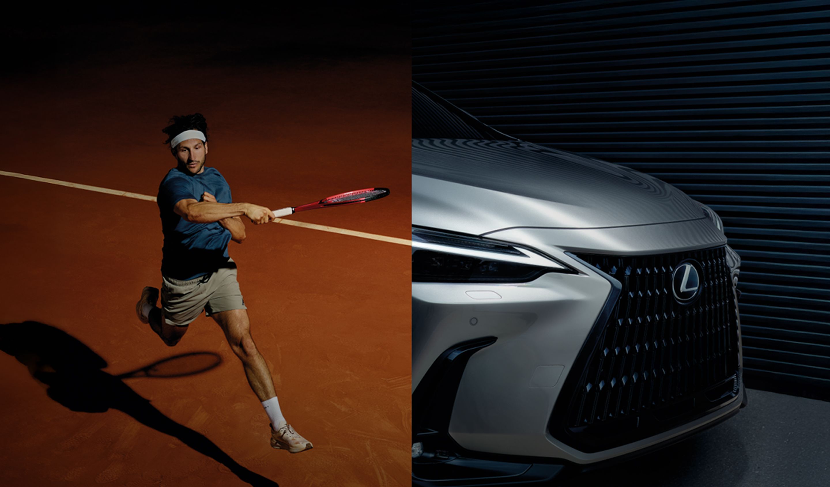 Ein Split-Bild von einem Tennisspieler der gerade aufschlägt und der Motorhaube eines Lexus