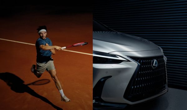 Ein Bild mit Splitscreen eines Tennisspielers und einer Nahaufnahme einer Lexus Kühlerhaube