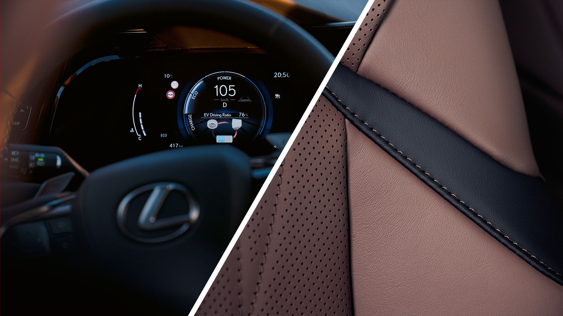 Nahaufnahme eines Lexus-Armaturenbretts mit Geschwindigkeits- und Batterieanzeige, daneben ein Detail der Ledersitzpolsterung