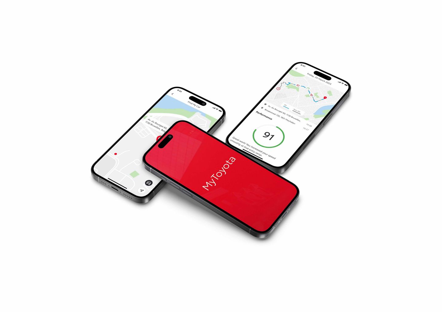 Drei Smartphones liegen nebeneinander und zeigen die Benutzeroberfläche der MyToyota App