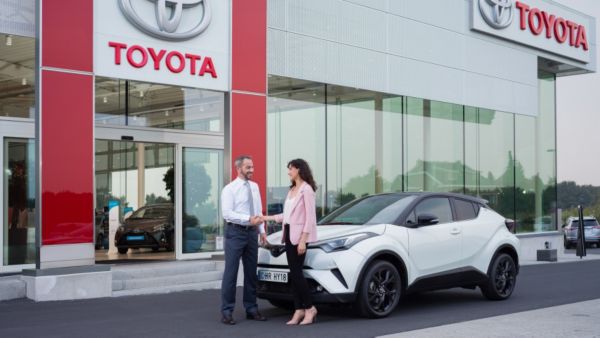 Klient odbiera nowe auto w salonie Toyota