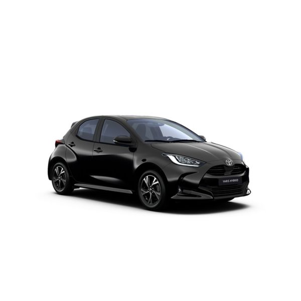 Ein schwarz Toyota Yaris in diagonaler Frontansicht vor einem weißen Hintergrund und dem Logo mit der Schrift "Teamplayer" in der oberen rechten Ecke