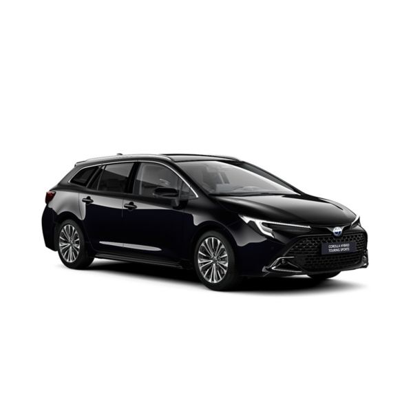 Ein schwarzer Toyota Corolla Touring Sports in diagonaler Frontansicht vor einem weißen Hintergrund und dem Logo mit der Schrift "Teamplayer" in der oberen rechten Ecke