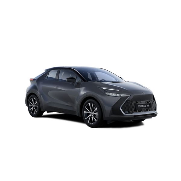 Ein schwarzer Toyota C-HR Hybrid in diagonaler Frontansicht vor einem weißen Hintergrund und dem Logo mit der Schrift "Teamplayer" in der oberen rechten Ecke