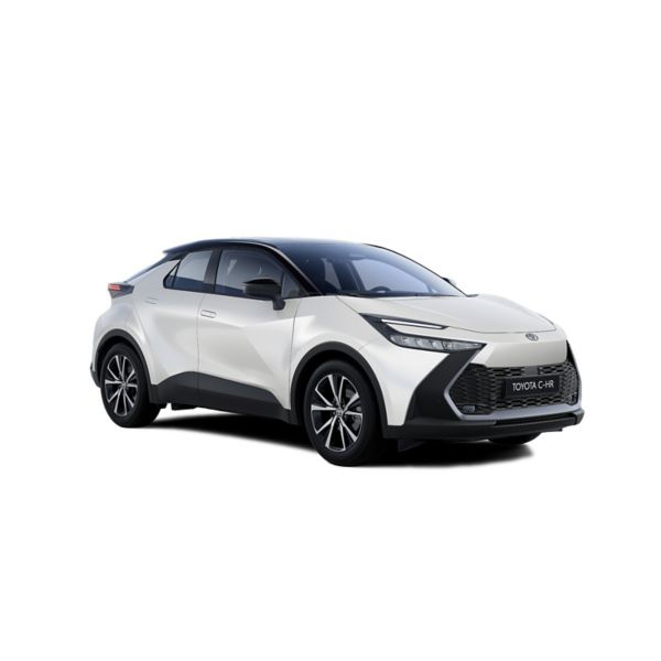 Ein Toyota C-HR Black & White Hybrid mit weißen Türen und schwarzem Dach in diagonaler Frontansicht vor einem weißen Hintergrund