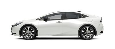 Seitliche Ansicht auf einen weißen Toyota Prius.