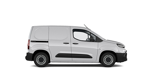 Ein weißer Proace City Duty steht seitlich auf transparentem Hintergrund