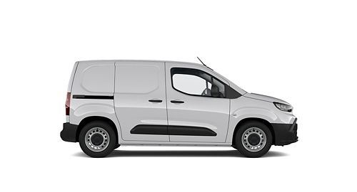 Ein weißer Proace City Electric Duty steht seitlich auf transparentem Hintergrund