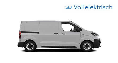 Ein weißer Proace Electric Duty mit Blitz Symbol oben rechts steht seitlich auf transparentem Hintergrund