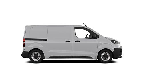 Ein weißer Proace Electric Duty mit Blitz Symbol oben rechts steht seitlich auf transparentem Hintergrund