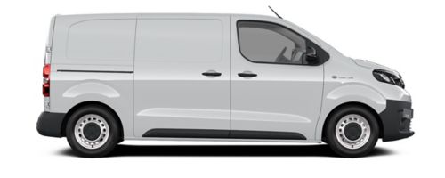 Ein weißer Proace Electric Duty mit Blitz Symbol oben rechts steht seitlich auf transparentem Hintergrund