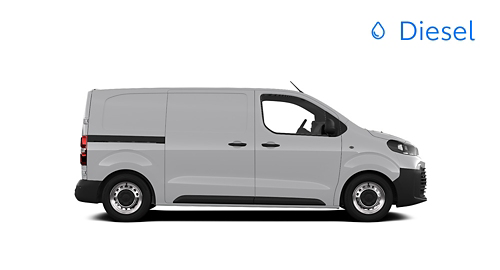 Ein weißer Proace Duty steht seitlich auf transparentem Hintergrund