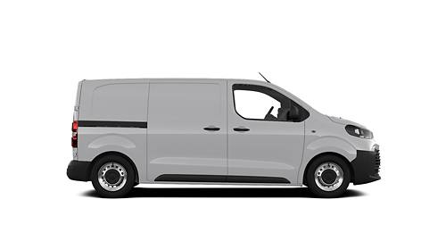 Ein weißer Proace Duty steht seitlich auf transparentem Hintergrund