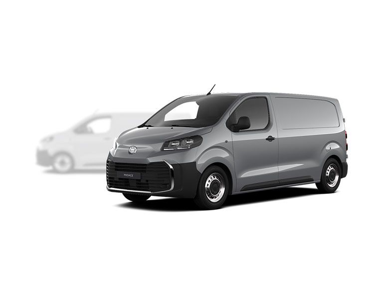 Grauer Toyota Proace steht diagonal zur Kamera, im Hintergrund ist unscharf ein heller Proace zu erkennen