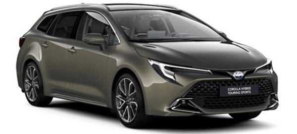 Olivgrüner Toyota Corolla Touring Sports in Seitenansicht vor einem neutralen Hintergrund