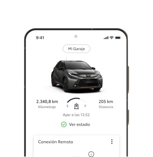 A smartphone shows the My Garage page of the TOYOTA MyT app. A QR code and links to download are positioned beside the phone.