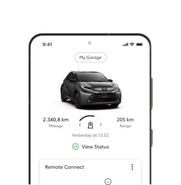 A smartphone shows the My Garage page of the TOYOTA MyToyota app. A QR code and links to download are positioned beside the phone.