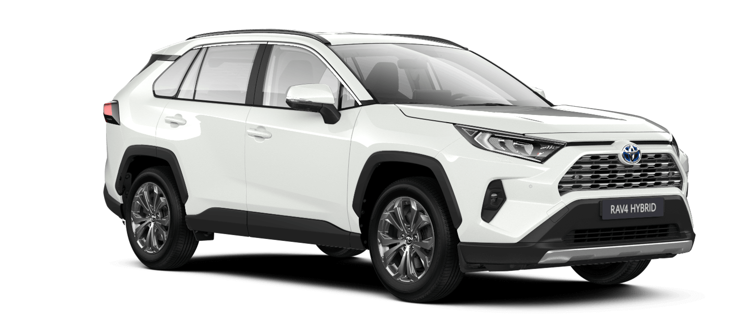 Weißer Toyota RAV Hybrid SUV steht diagonal zur Kamera