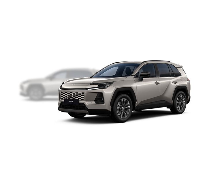 Toyota RAV4 steht diagonal zur Kamera, im Hintergrund ist unscharf ein heller RAV4 zu erkennen