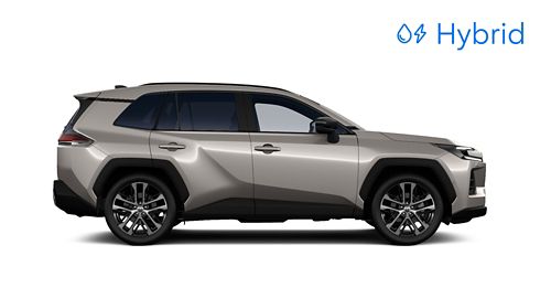Seitenansicht eines Toyota RAV4 Hybrid in bronzefarbener Lackierung mit schwarzem Dach und markanten Radkästen.