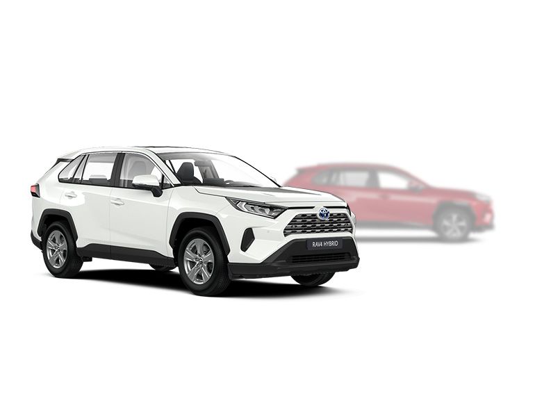 Weißer Toyota RAV4 in seitlicher Sicht, im Hintergrund ist ein verblasster dunklerer Yaris zu erkennen