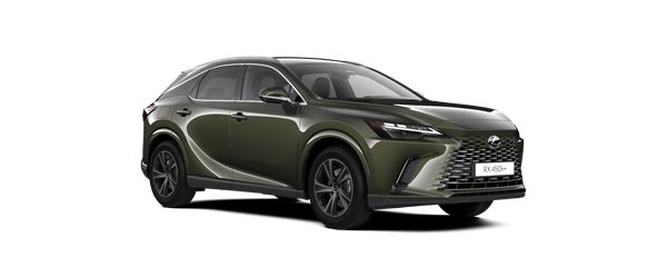 Zijaanzicht van een groene Lexus RX450h+