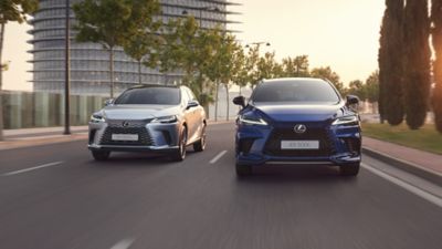 A Lexus RX 450h+ and Lexus RX 500h driving on a road