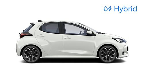 Ein weißer Yaris Hybrid steht seitlich auf transparentem Hintergrund