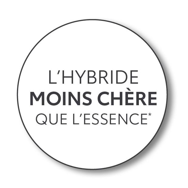 Timbre rond avec le texte 'L'hybride moins cher que l'essence*'