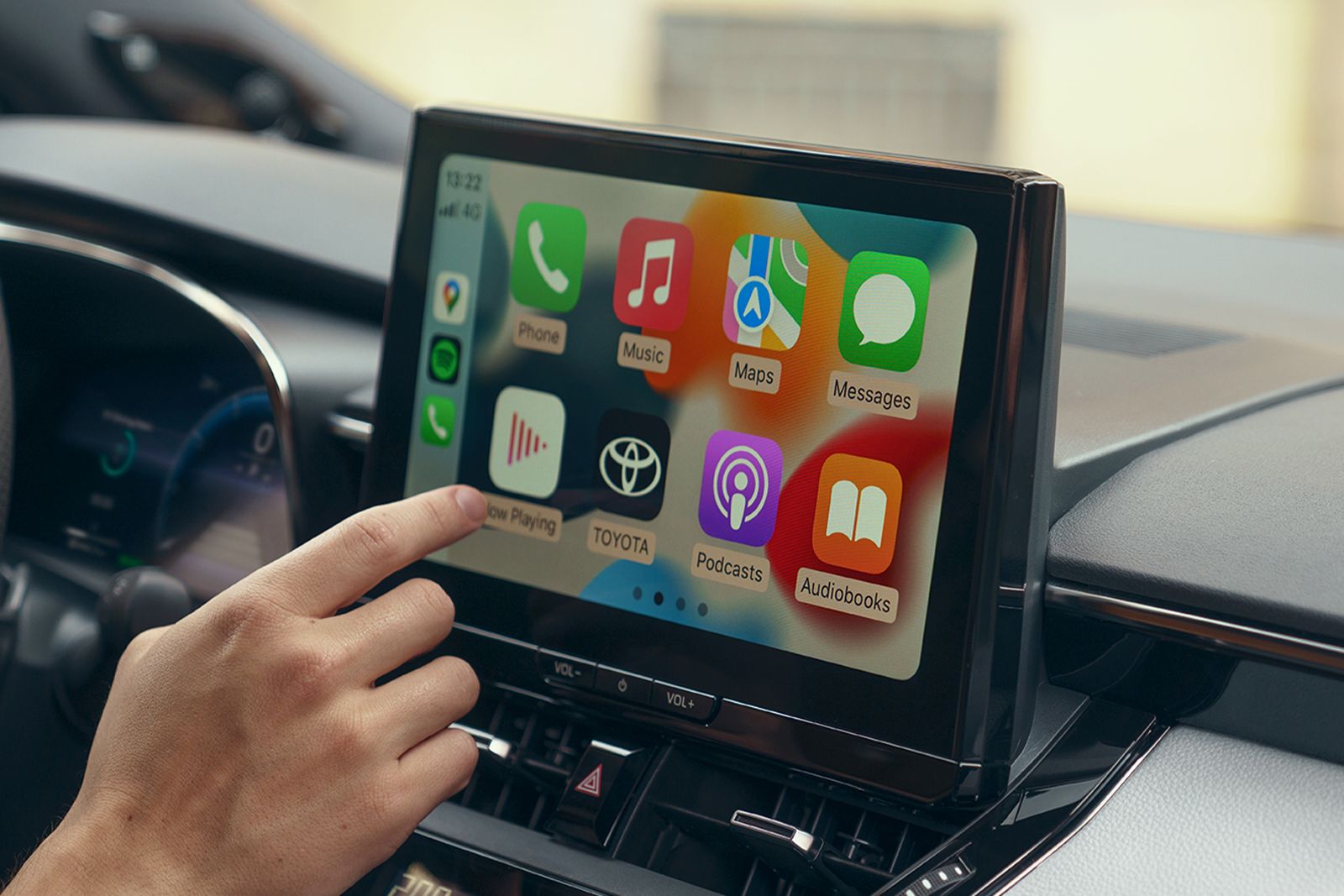 The Toyota Corolla Sedan’s multimedia touchscreen displaying Apple CarPlay
