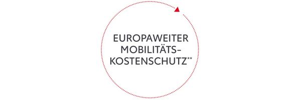 Die Aufschrift "Europaweiter Mobilitätskostenschutz" wird einem großen Pfeil eingerahmt. Dieser verdeutlicht, dass der Schutz komplett ist.