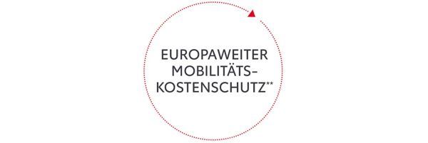 Die Aufschrift "Europaweiter Mobilitätskostenschutz" wird einem großen Pfeil eingerahmt. Dieser verdeutlicht, dass der Schutz komplett ist.