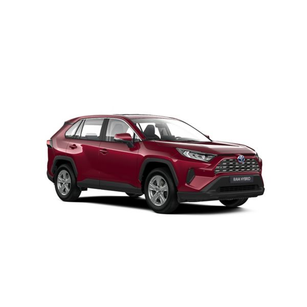 Ein weißer Toyota RAV4 Basis Hybrid in diagonaler Frontansicht vor einem weißen Hintergrund 