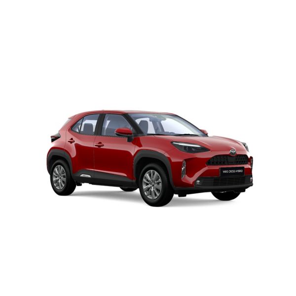 Ein weißer Toyota Yaris Cross Basis Hybrid in diagonaler Frontansicht vor einem weißen Hintergrund