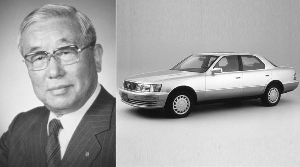 Ein Portrait von Eji Toyoda und daneben ein Lexus LS in schwarz-weiß