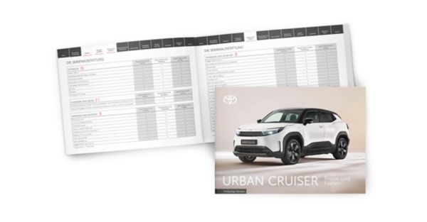 Aufgeschlagene Urban Cruiser Preisliste, davor das Titelbild der Preislist mit einem weißen Urban Cruiser.