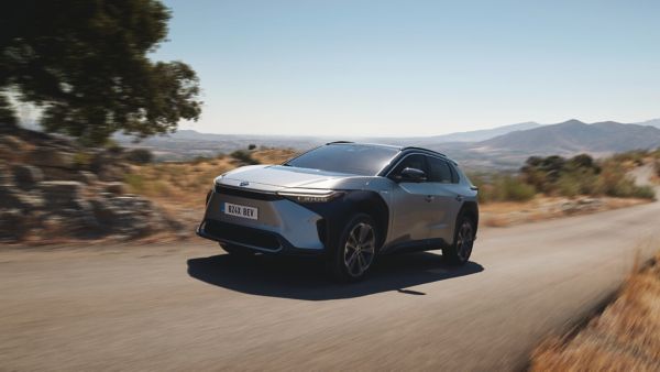 Toyota bZ4X driving on a mountainous road