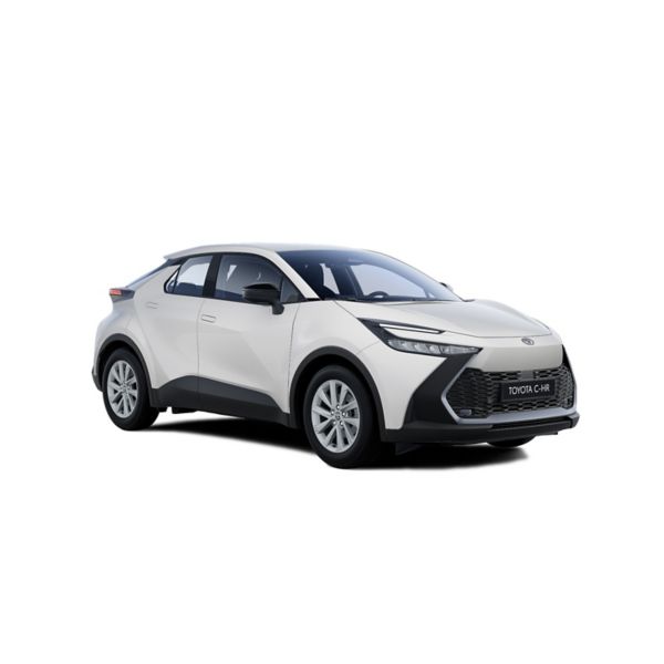 Ein weißer Toyota C-HR Flow Plug-in Hybrid in diagonaler Frontansicht vor einem weißen Hintergrund 