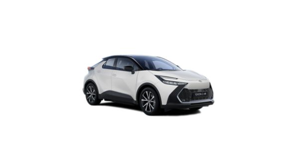Seitenansicht eines weißen Toyota C-HR Plug-in Hybrid vor neutralem Hintergrund.